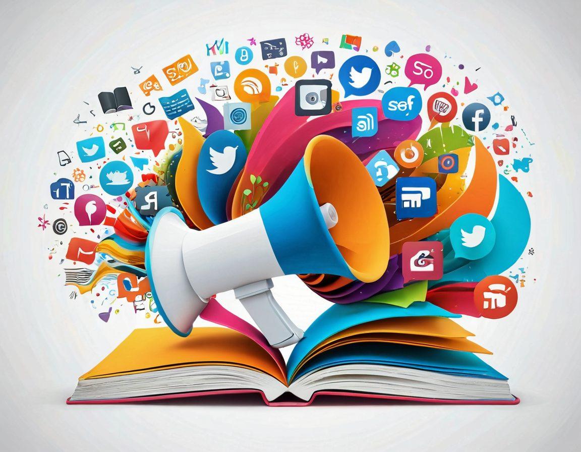 A whimsical scene depicting a giant digital megaphone amplifying vibrant sound waves filled with social media icons and SEO symbols like graphs and keywords. In the background, a colorful landscape of blogs represented as open books, with figures sharing content enthusiastically. Bright colors and a sense of motion to symbolize growth and engagement. super-realistic. vibrant colors. white background.