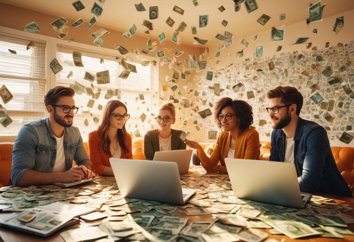 A vibrant scene depicting a diverse group of bloggers engaged in brainstorming monetization ideas, surrounded by floating icons of money, digital tools, and creative content. Include laptops, notebooks, and warm sunlight filling the room, symbolizing productivity and passion. An ethereal transition from ideas to dollar bills in the background. super-realistic. vibrant colors. 3D.