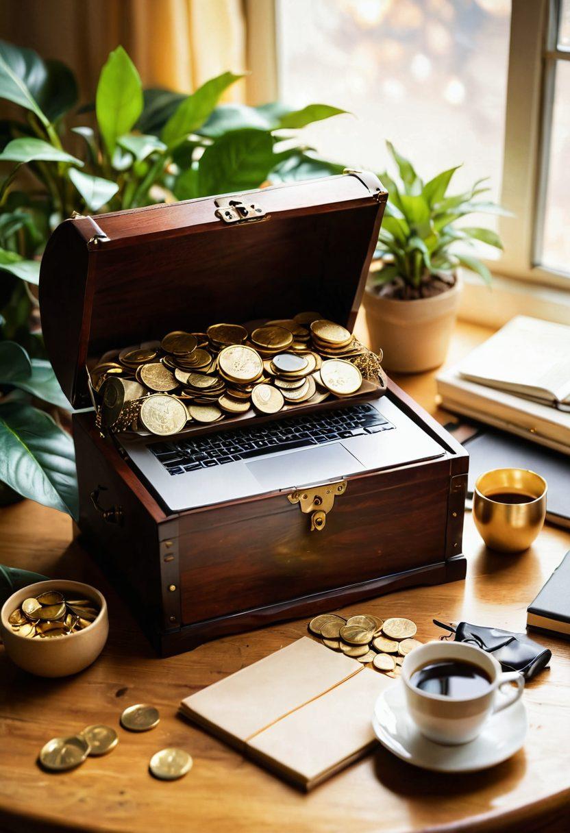 An open treasure chest brimming with golden coins, symbolizing successful blogging; around it, various tools like a laptop, a notepad, and a coffee cup, representing content creation; soft golden light illuminating the scene with hints of creativity and inspiration. A background of a serene desk environment with a plant and a warm color palette. super-realistic. vibrant colors. soft focus.